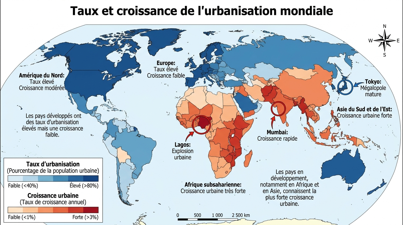Taux et croissance de l'urbanisation mondiale
