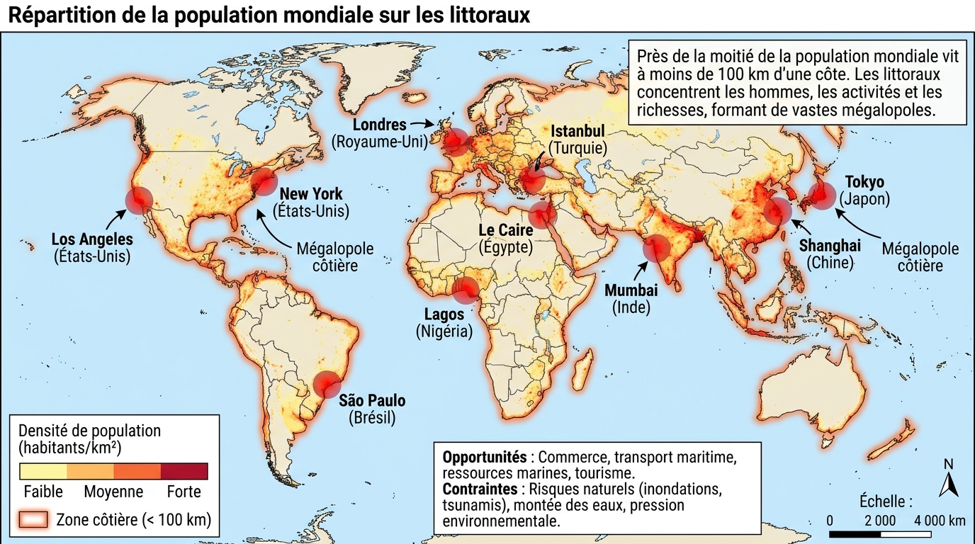 Répartition de la population mondiale sur les littoraux